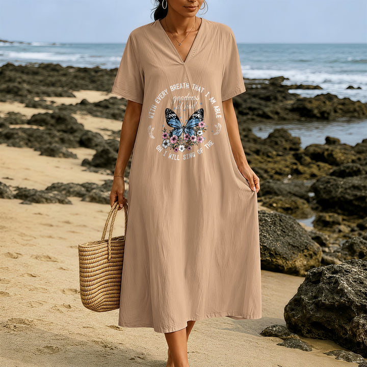 Christianartworkshop Bible Verse Butterfly & Floral Wreath V-Neck Short Sleeve Midi Dress - image 1