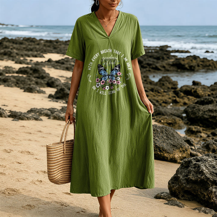 Christianartworkshop Bible Verse Butterfly & Floral Wreath V-Neck Short Sleeve Midi Dress - image 11