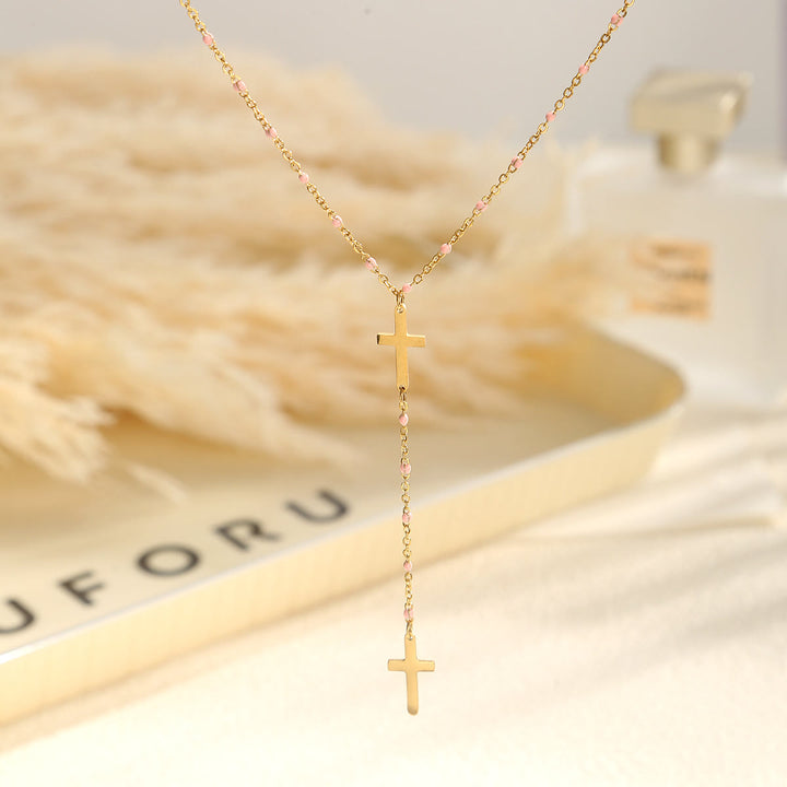 Christianartworkshop Layered Cross Drop Necklace: Embodying Steadfast Grace and Heavenly Blessing - Pink - image 9