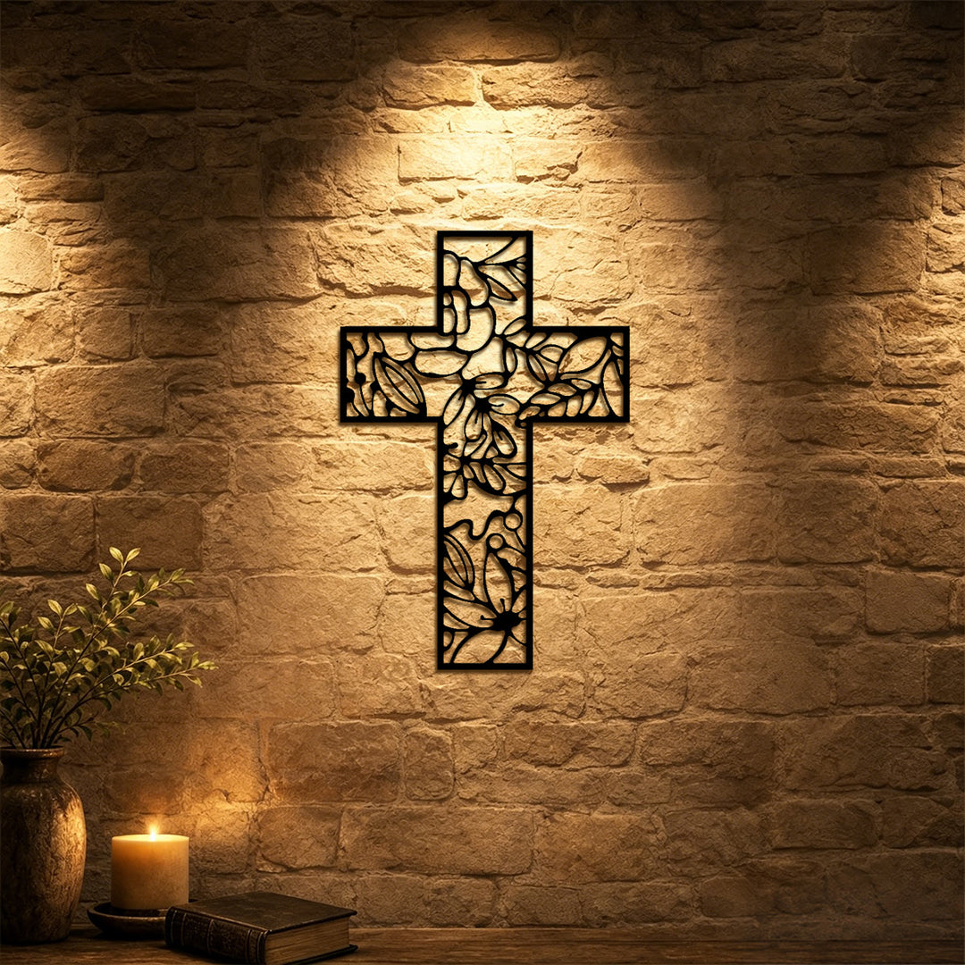 Christianartworkshop Floral Hollow Cross Metal Wall Decor: Emblem of Eternal Hope and Grace - image 0