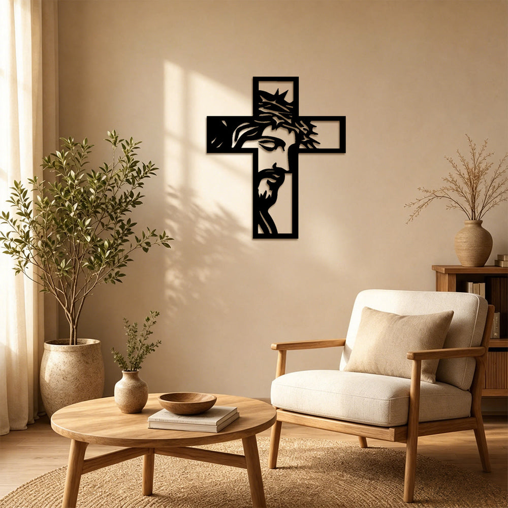 Christianartworkshop Thorn-Crowned Contemplative Jesus Cross Metal Wall Decor: Emblem of Sacrifice and Mercy - image 1