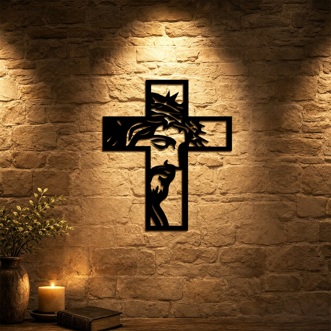 Christianartworkshop Thorn-Crowned Contemplative Jesus Cross Metal Wall Decor: Emblem of Sacrifice and Mercy - image 0
