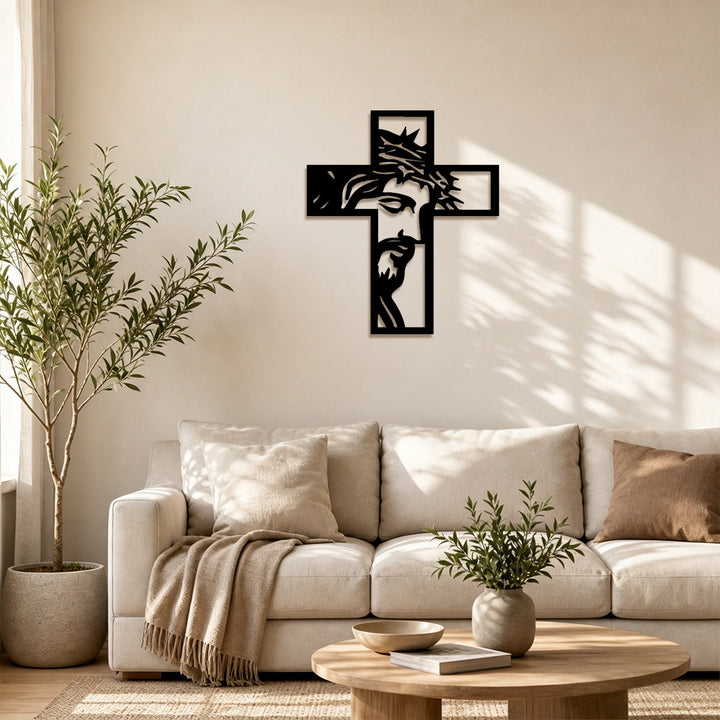 Christianartworkshop Thorn-Crowned Contemplative Jesus Cross Metal Wall Decor: Emblem of Sacrifice and Mercy - image 2