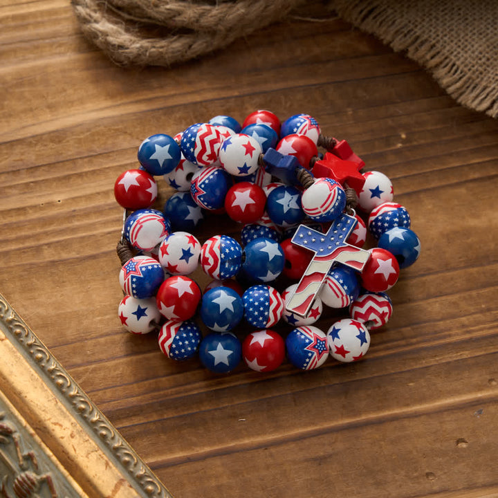 Christianartworkshop Two-Style Patriotic American Flag Cross Rosary with Red White Blue Stars & Stripes Beads - image 2