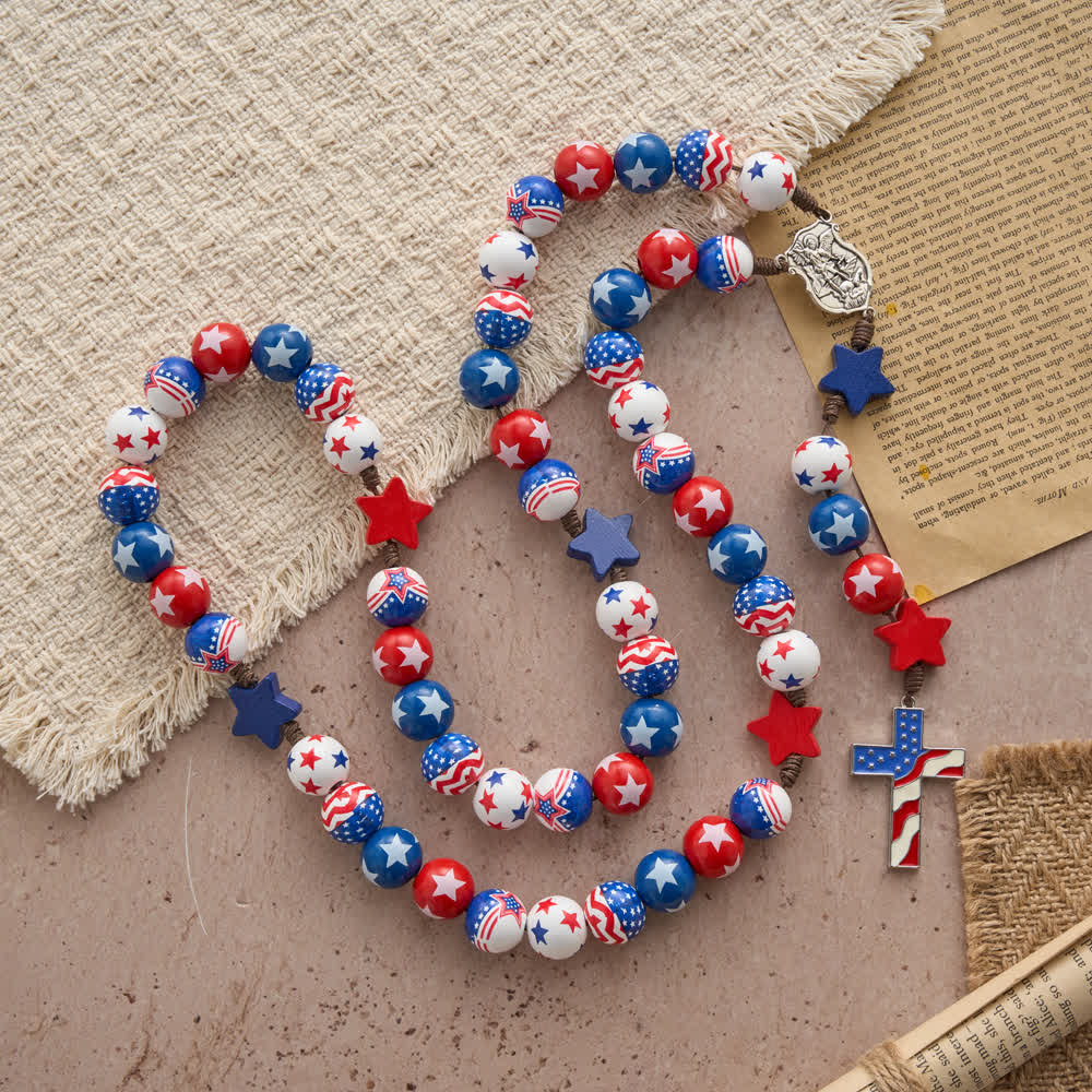 Christianartworkshop Two-Style Patriotic American Flag Cross Rosary with Red White Blue Stars & Stripes Beads - image 4