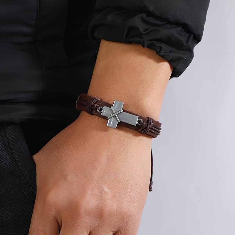 Christianartworkshop Vintage Leather Cord Woven Metal Cross Adjustable Bracelet: A Symbol of Steadfast Faith - image 1