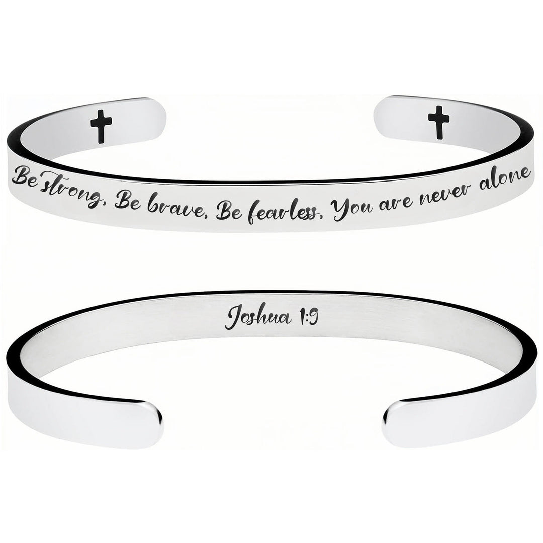 Christianartworkshop Open Cuff Stainless Steel Bible Verse Engraved Bracelet with Tiny Crosses: A Symbol of Firm Faith - Joshua 1:9 - image 5