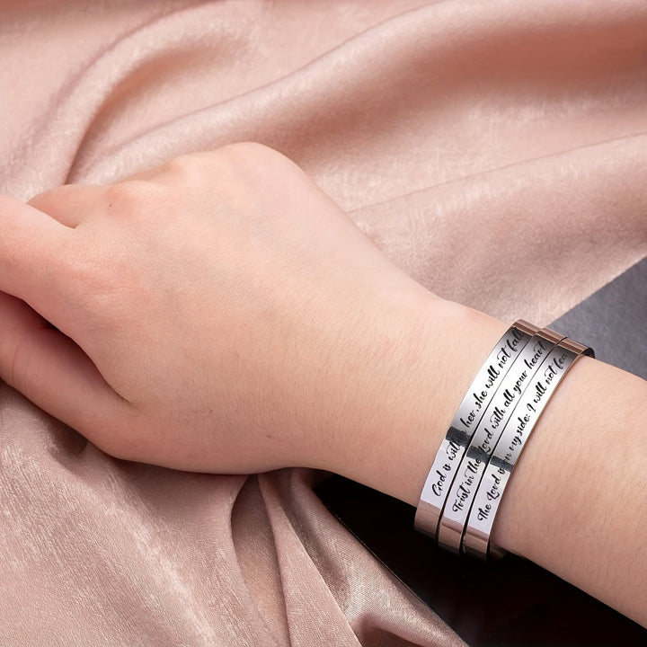 Christianartworkshop Open Cuff Stainless Steel Bible Verse Engraved Bracelet with Tiny Crosses: A Symbol of Firm Faith - image 2