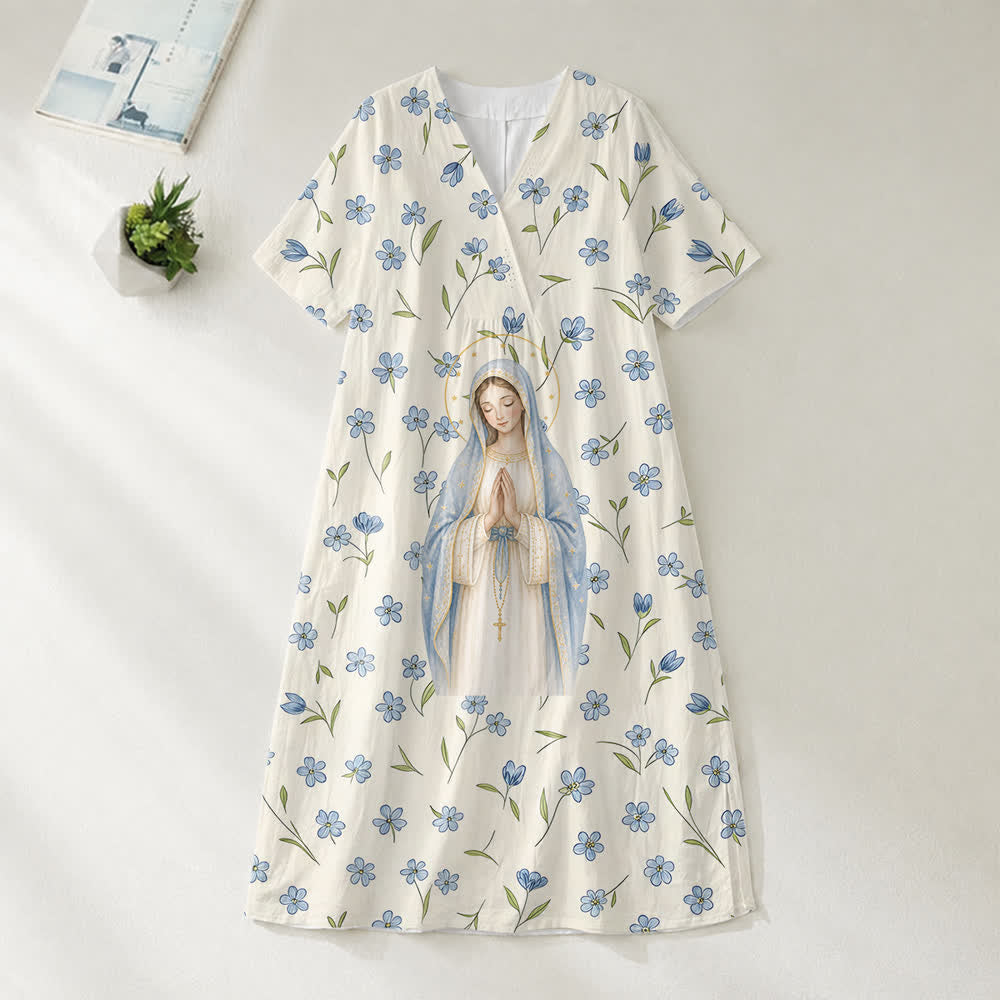 Christianartworkshop Soft Watercolor Our Lady Floral V-Neck Short Sleeve Midi Dress - image 1