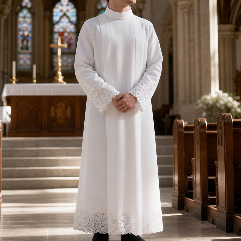 Christianartworkshop White Liturgical Alb with Lace Trim for Sacred Ceremonies - image 0