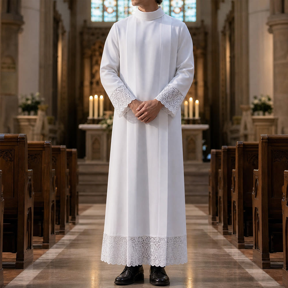 Christianartworkshop White Liturgical Alb with Lace Trim for Sacred Ceremonies - image 1