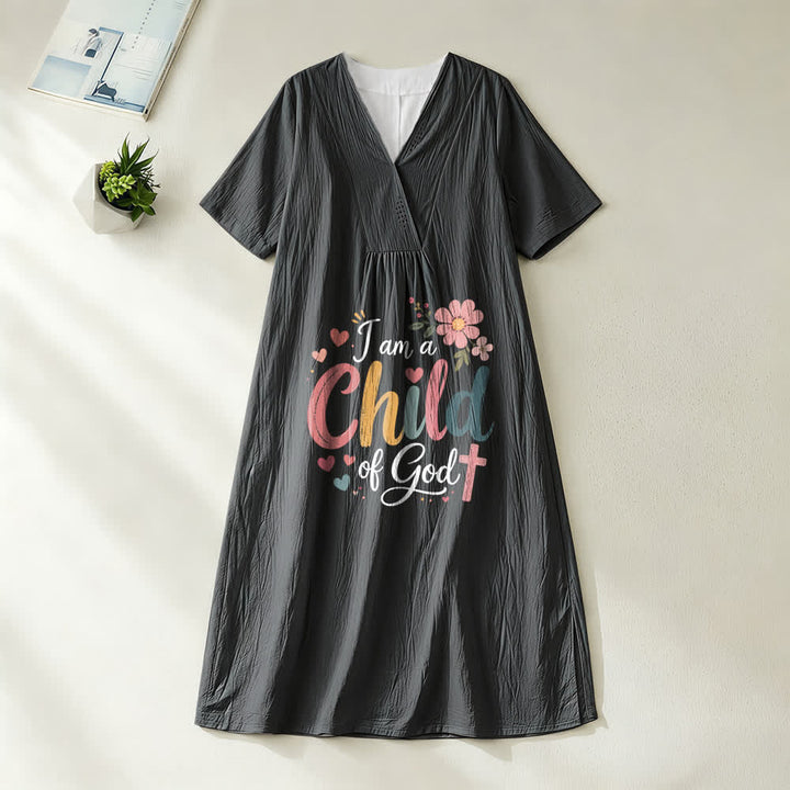 Christianartworkshop I Am a Child of God Floral & Heart V-Neck Short Sleeve Midi Dress - Black - 4XL - image 1