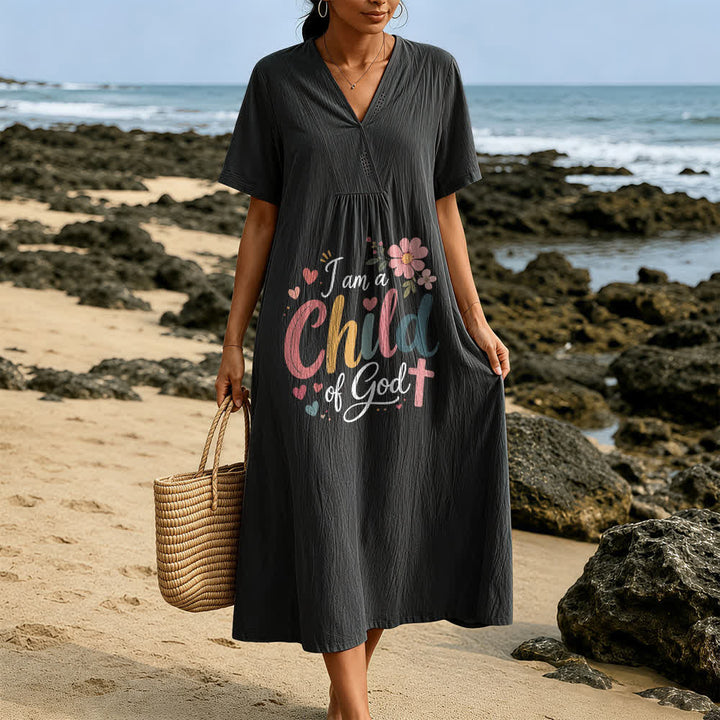 Christianartworkshop I Am a Child of God Floral & Heart V-Neck Short Sleeve Midi Dress - image 2