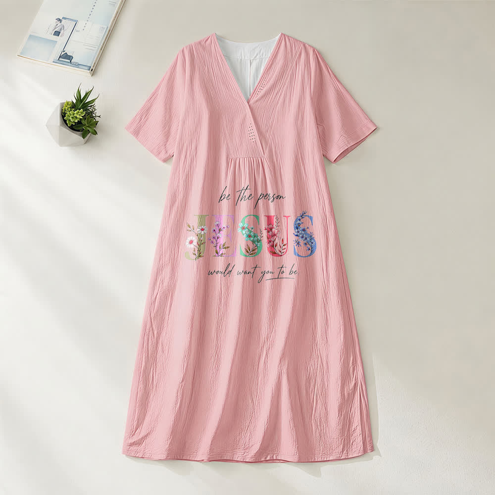 Christianartworkshop Be the Person Jesus Would Want You to Be Floral Jesus V-Neck Short Sleeve Midi Dress - Pink - 4XL - image 6