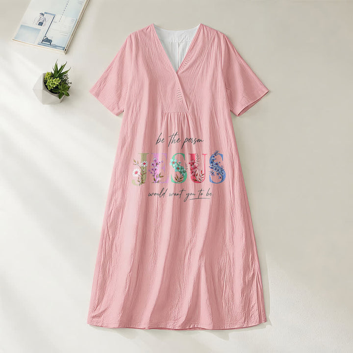 Christianartworkshop Be the Person Jesus Would Want You to Be Floral Jesus V-Neck Short Sleeve Midi Dress - Pink - 4XL - image 6