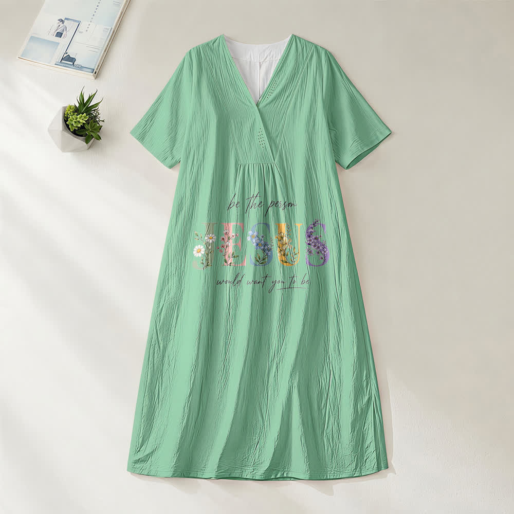 Christianartworkshop Be the Person Jesus Would Want You to Be Floral Jesus V-Neck Short Sleeve Midi Dress - Green - 4XL - image 4