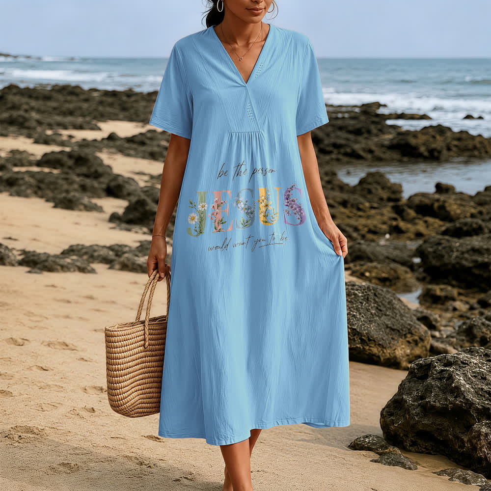 Christianartworkshop Be the Person Jesus Would Want You to Be Floral Jesus V-Neck Short Sleeve Midi Dress - image 1