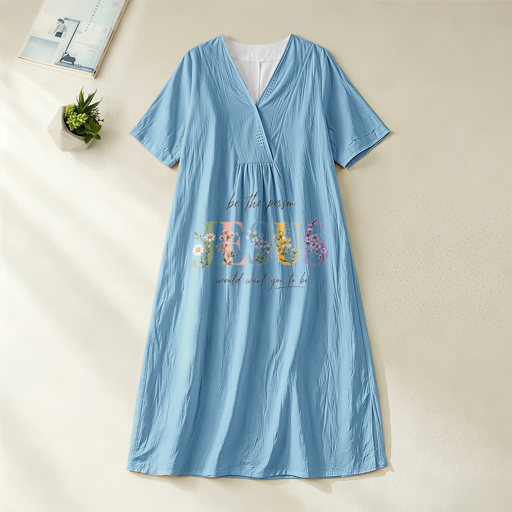 Christianartworkshop Be the Person Jesus Would Want You to Be Floral Jesus V-Neck Short Sleeve Midi Dress - Blue - 4XL - image 0
