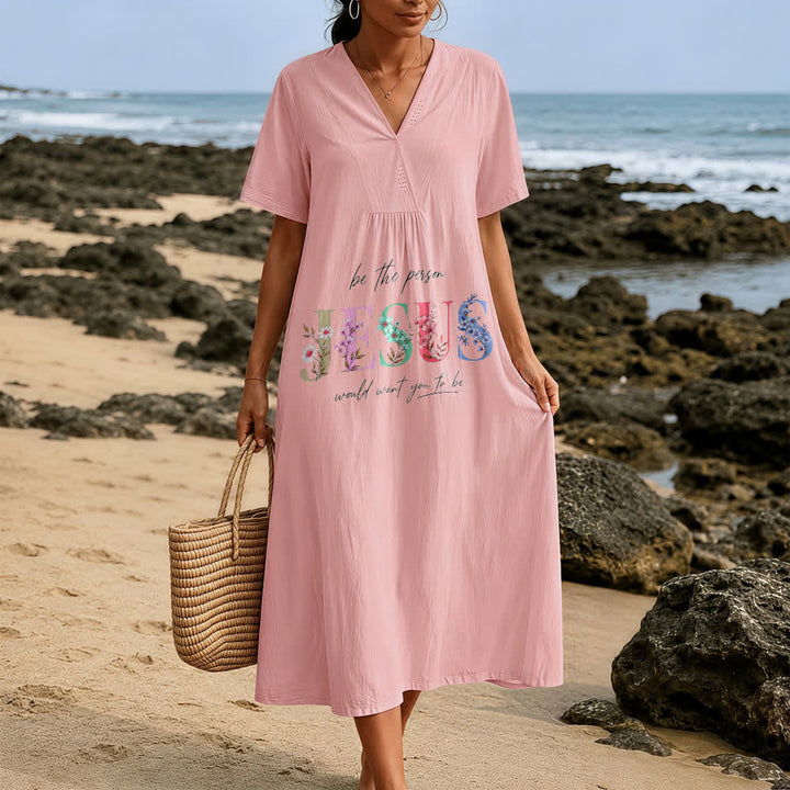 Christianartworkshop Be the Person Jesus Would Want You to Be Floral Jesus V-Neck Short Sleeve Midi Dress - image 7