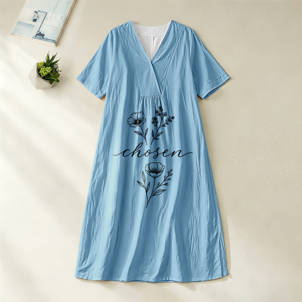 Christianartworkshop Inspirational Chosen Floral Accent V-Neck Short Sleeve Midi Dress - Blue - 4XL - image 2