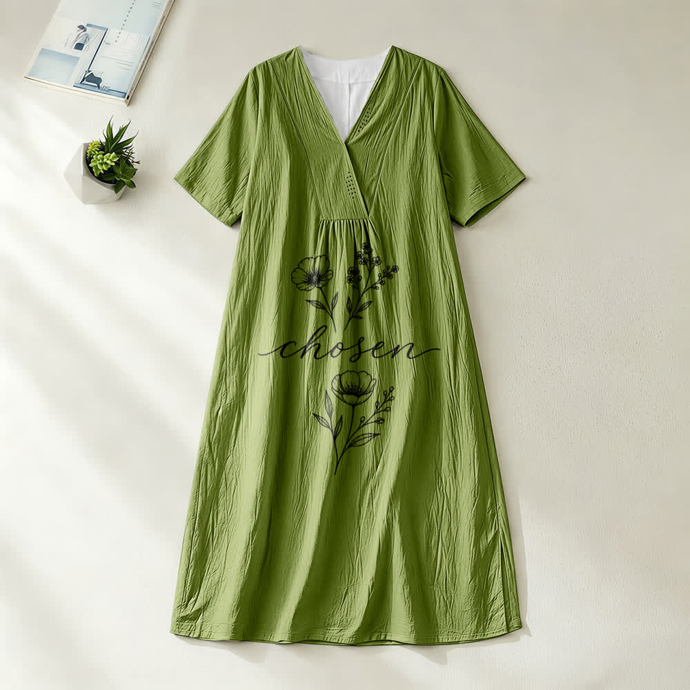Christianartworkshop Inspirational Chosen Floral Accent V-Neck Short Sleeve Midi Dress - Olive Green - 4XL - image 10