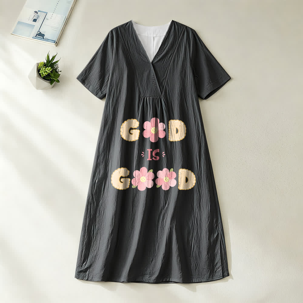 Christianartworkshop Devotional “God Is Good” Floral Statement V-Neck Short Sleeve Midi Dress - Black - 4XL - image 8
