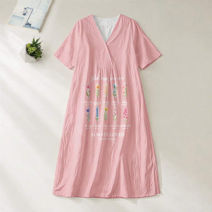 Christianartworkshop God Says You Are Always Loved Floral V-Neck Short Sleeve Midi Dress - Pink - 4XL - image 6