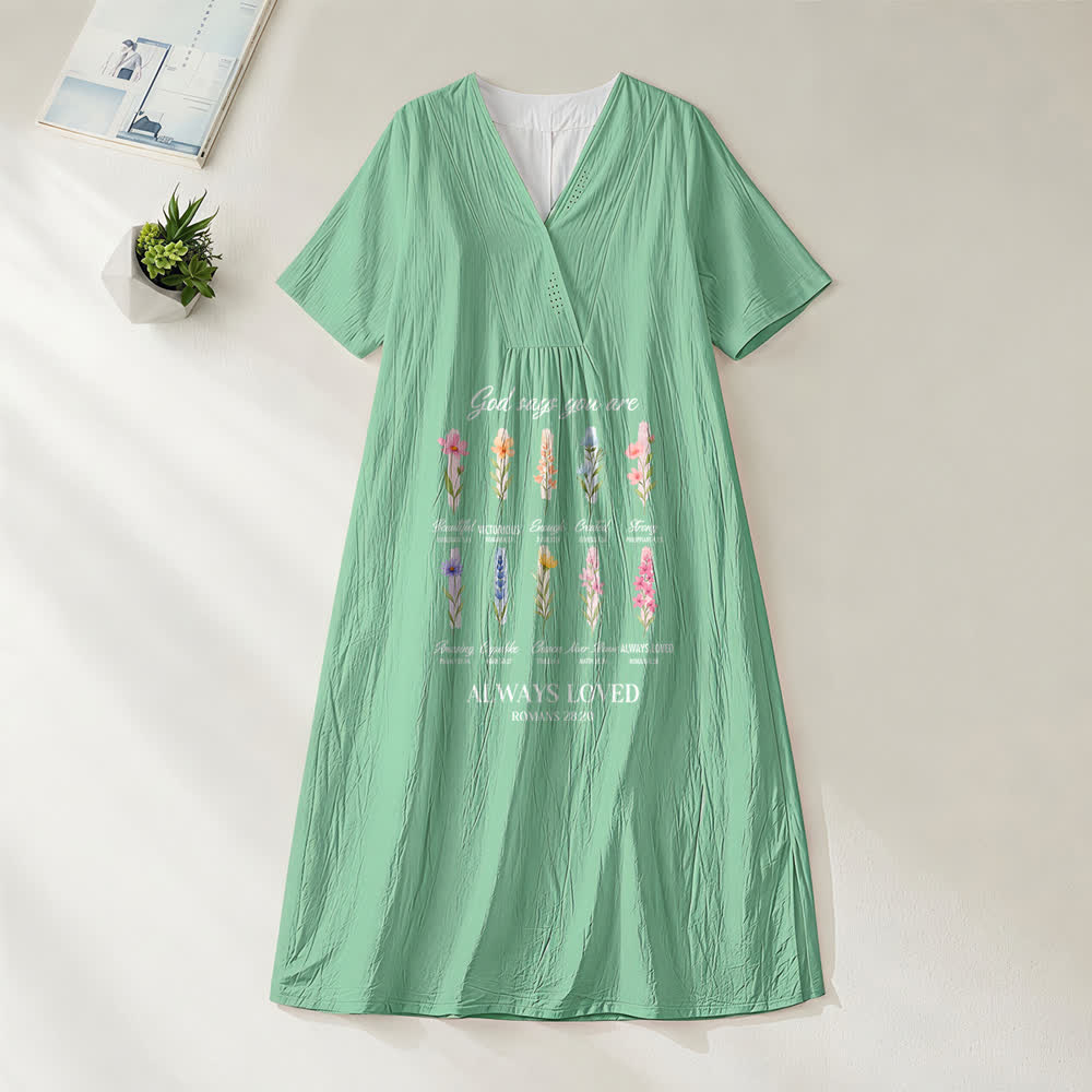Christianartworkshop God Says You Are Always Loved Floral V-Neck Short Sleeve Midi Dress - Green - 4XL - image 0