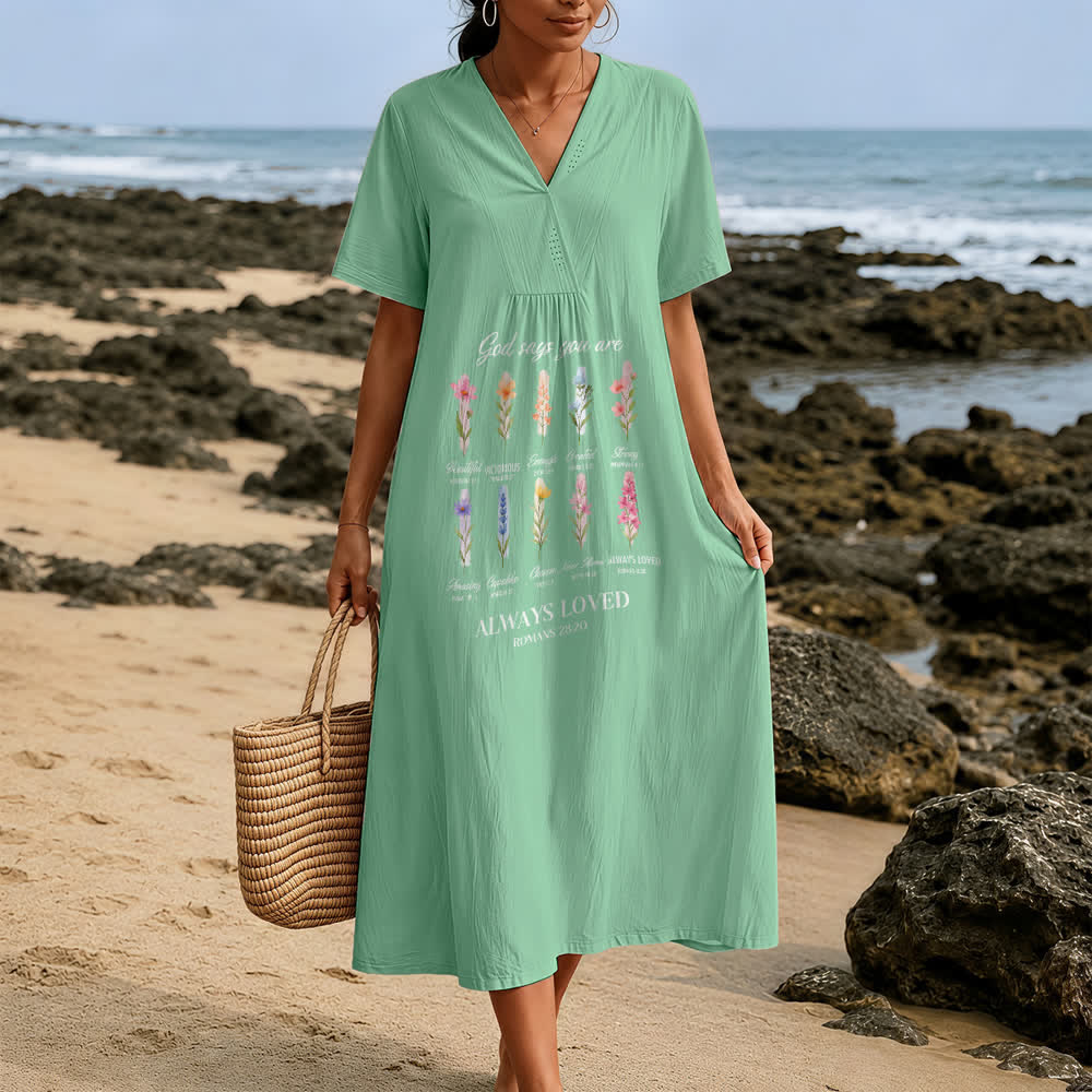 Christianartworkshop God Says You Are Always Loved Floral V-Neck Short Sleeve Midi Dress - image 1