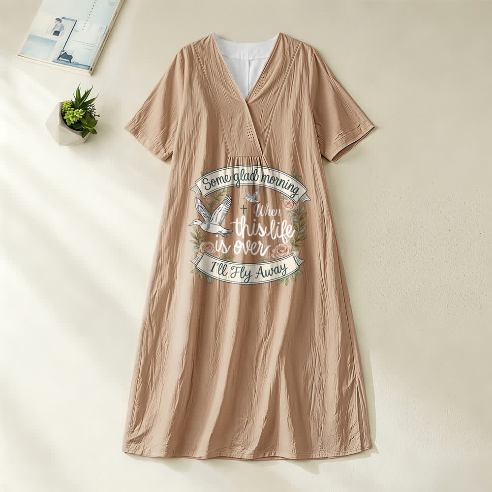 Christianartworkshop Some Glad Morning I'll Fly Away Floral Dove V-Neck Short Sleeve Midi Dress - Khaki - 4XL - image 6