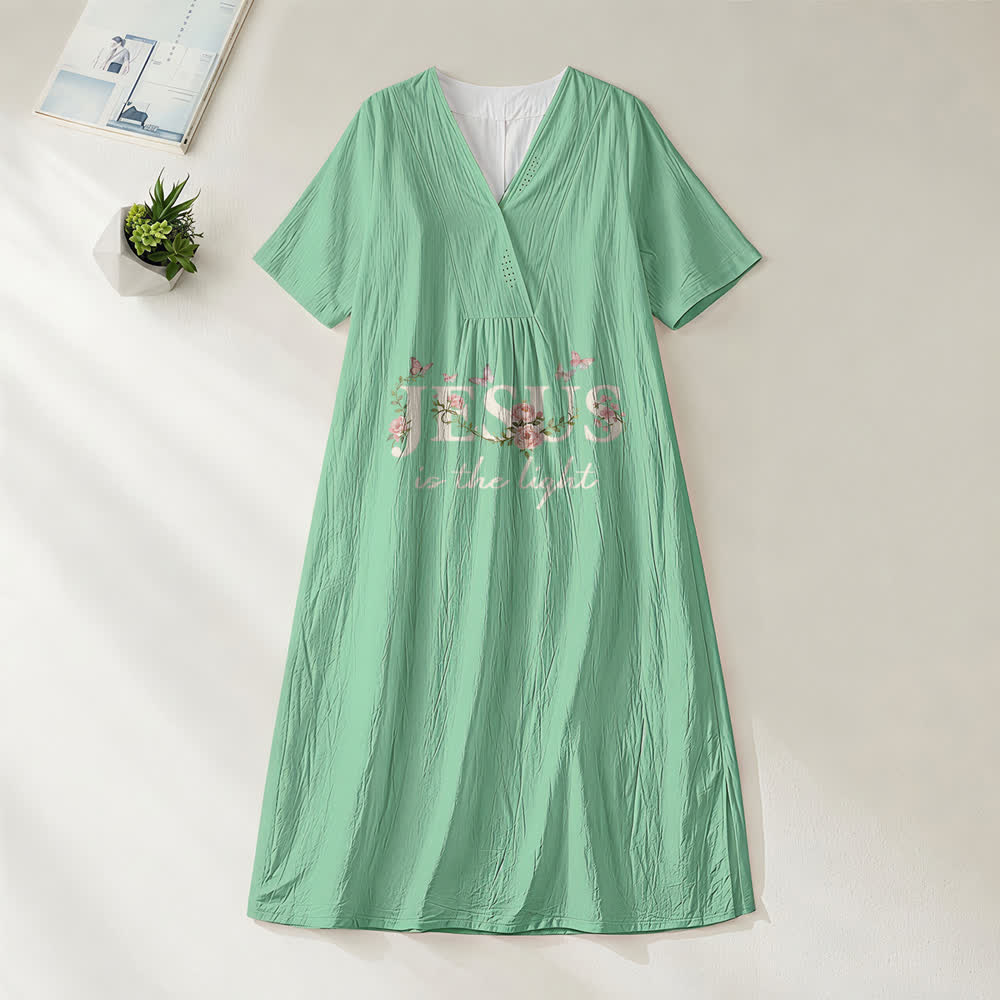 Christianartworkshop Jesus Is The Light Floral Butterfly V-Neck Short Sleeve Midi Dress - Green - 4XL - image 2