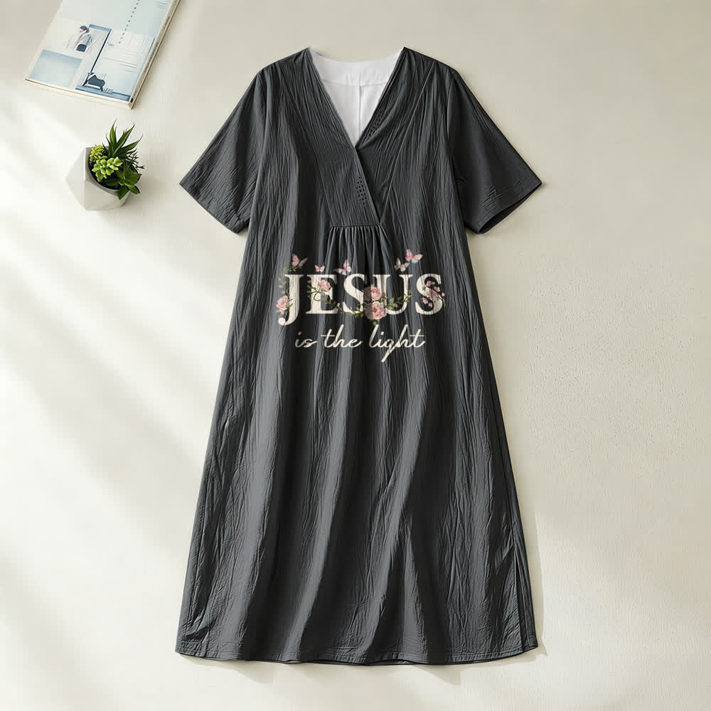 Christianartworkshop Jesus Is The Light Floral Butterfly V-Neck Short Sleeve Midi Dress - Black - 4XL - image 8