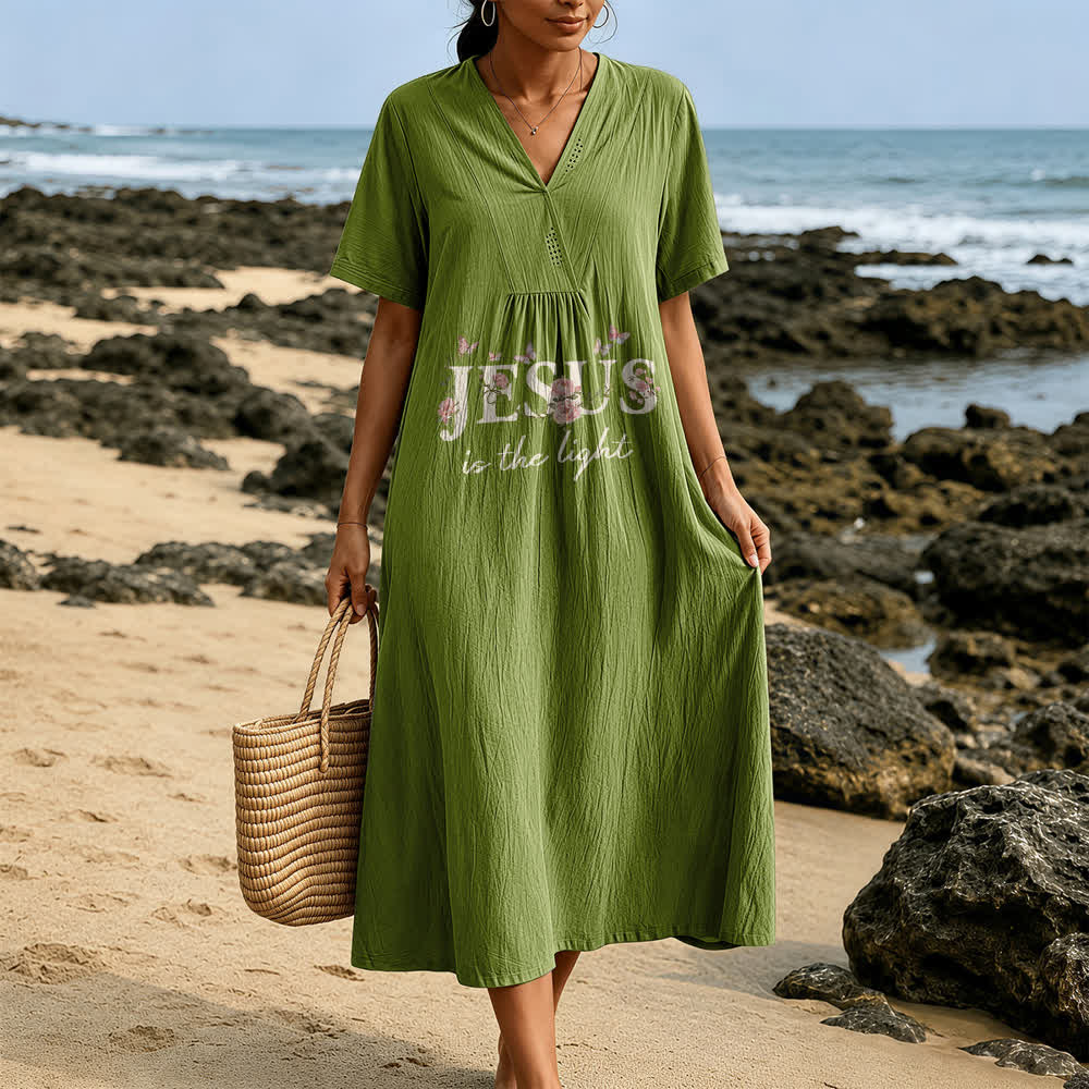 Christianartworkshop Jesus Is The Light Floral Butterfly V-Neck Short Sleeve Midi Dress - image 11