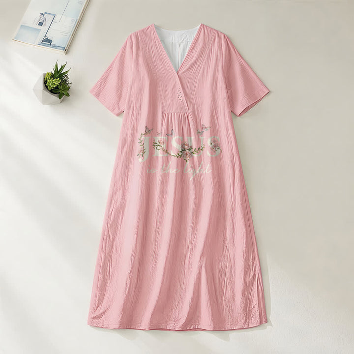 Christianartworkshop Jesus Is The Light Floral Butterfly V-Neck Short Sleeve Midi Dress - Pink - 4XL - image 6