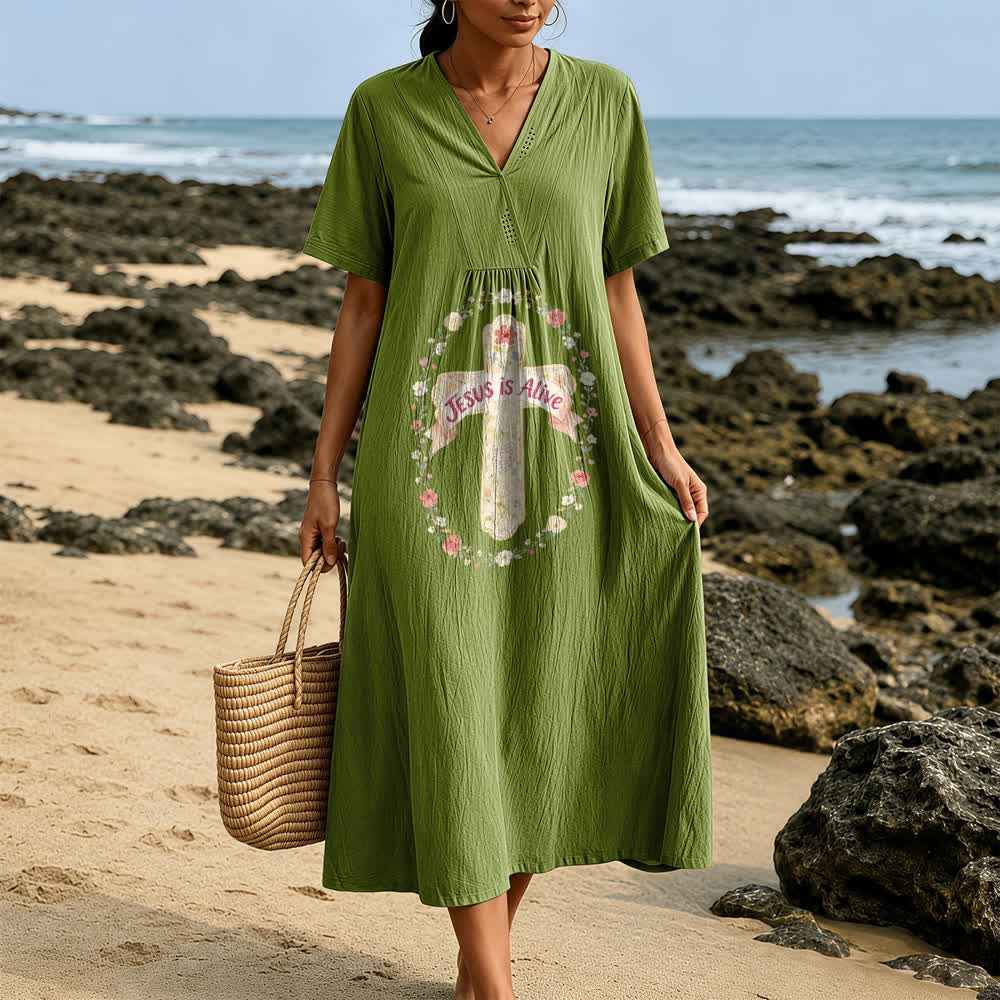 Christianartworkshop Jesus Is Alive Floral Cross V-Neck Short Sleeve Midi Dress - image 11