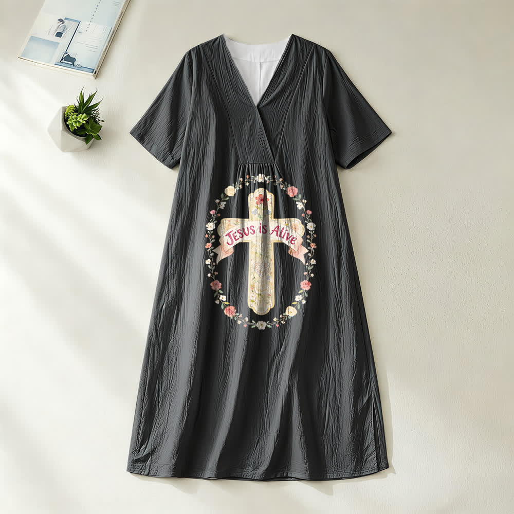 Christianartworkshop Jesus Is Alive Floral Cross V-Neck Short Sleeve Midi Dress - Black - 4XL - image 8