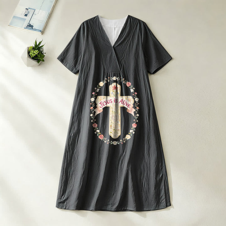 Christianartworkshop Jesus Is Alive Floral Cross V-Neck Short Sleeve Midi Dress - Black - 4XL - image 8