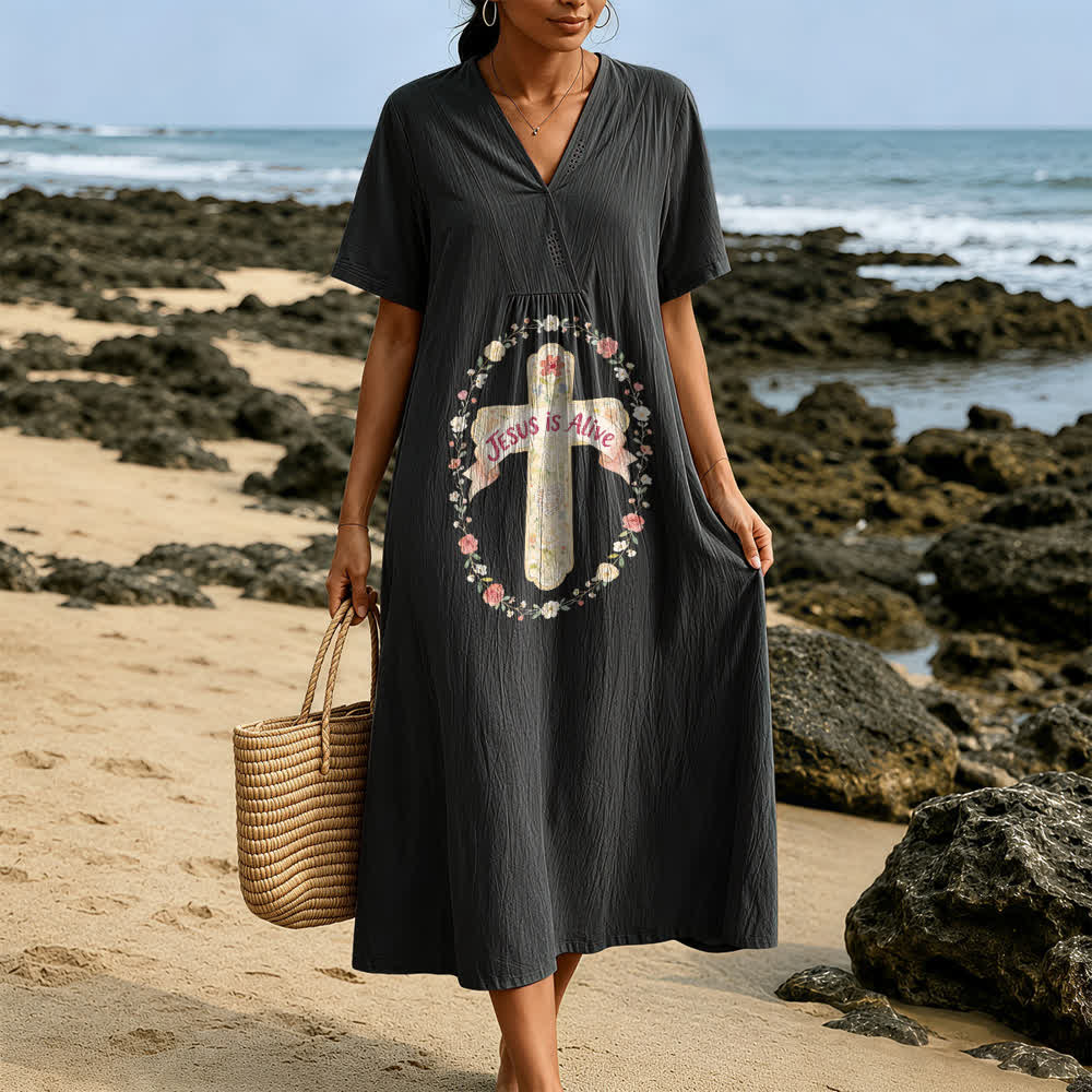 Christianartworkshop Jesus Is Alive Floral Cross V-Neck Short Sleeve Midi Dress - image 9