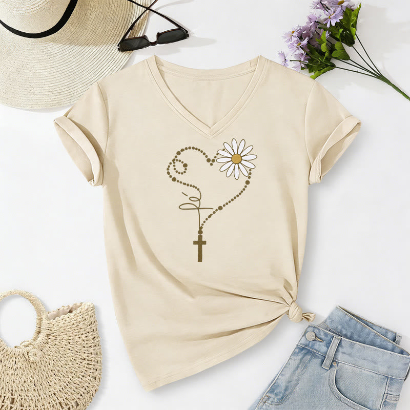 Christianartworkshop Golden Dot Heart Cross Daisy Casual V-neck T-shirt - Beige - 2XL - image 4