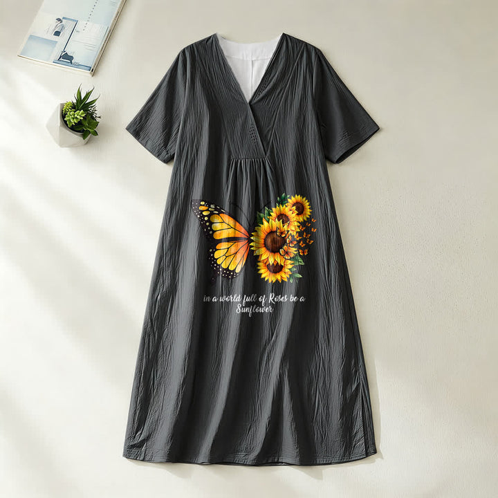 Christianartworkshop Butterfly & Sunflower Inspirational Quote V-Neck Short Sleeve Midi Dress - Black - 4XL - image 0