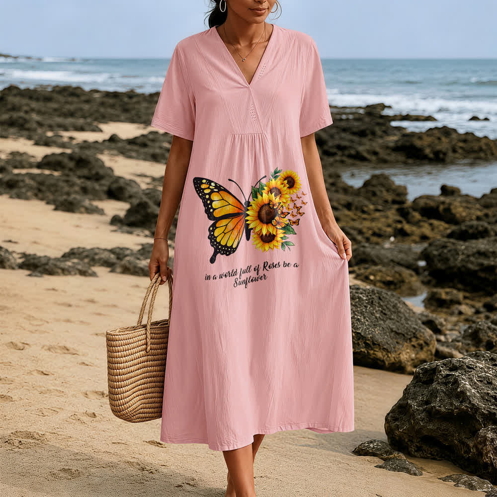 Christianartworkshop Butterfly & Sunflower Inspirational Quote V-Neck Short Sleeve Midi Dress - image 9