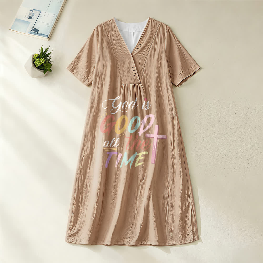 Christianartworkshop Faith-Inspired "God Is Good All The Time" V-Neck Short Sleeve Midi DressChristianartworkshop Faith-Inspired "God Is Good All The Time" V-Neck Short Sleeve Midi Dress - Khaki - 4XL - image 0