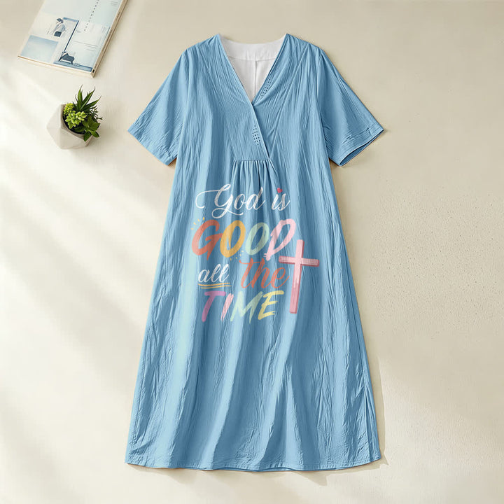 Christianartworkshop Faith-Inspired "God Is Good All The Time" V-Neck Short Sleeve Midi DressChristianartworkshop Faith-Inspired "God Is Good All The Time" V-Neck Short Sleeve Midi Dress - Blue - 4XL - image 4