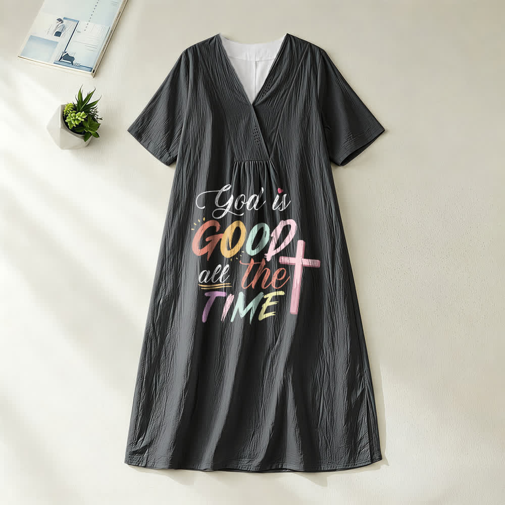 Christianartworkshop Faith-Inspired "God Is Good All The Time" V-Neck Short Sleeve Midi DressChristianartworkshop Faith-Inspired "God Is Good All The Time" V-Neck Short Sleeve Midi Dress - Black - 4XL - image 2
