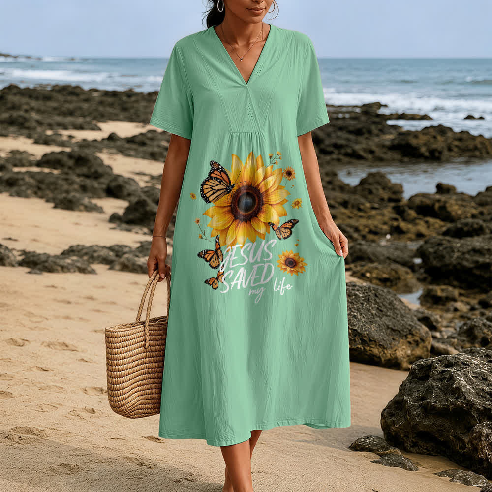 Christianartworkshop "Jesus Saved My Life" Sunflower & Butterfly V-Neck Short Sleeve Midi Dress - image 9