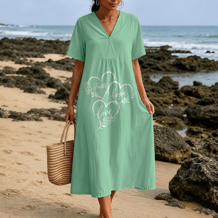 Christianartworkshop Floral Heart "Faith Hope Love" Print V-Neck Short Sleeve Midi Dress - image 1