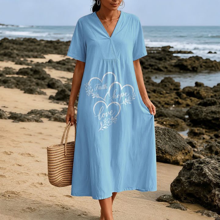 Christianartworkshop Floral Heart "Faith Hope Love" Print V-Neck Short Sleeve Midi Dress - image 3