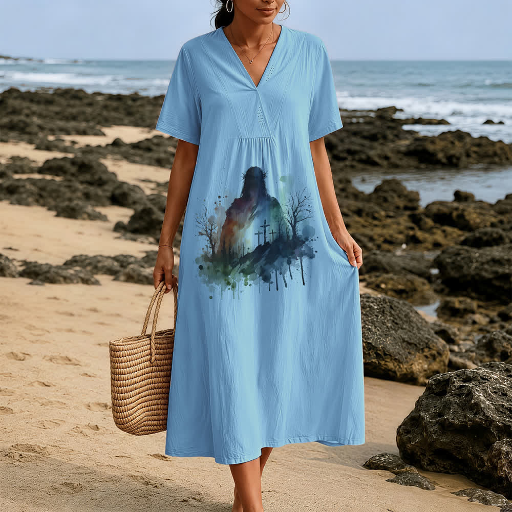 Christianartworkshop Religious Art Watercolor Jesus Silhouette V-Neck Short Sleeve Midi Dress - image 1