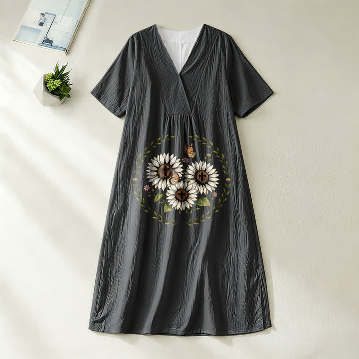 Christianartworkshop Devotional Sunflower Cross & Butterfly Wreath V-Neck Short Sleeve Midi Dress - Black - 4XL - image 4
