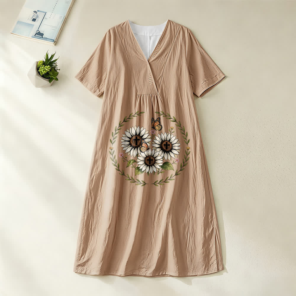 Christianartworkshop Devotional Sunflower Cross & Butterfly Wreath V-Neck Short Sleeve Midi Dress - Khaki - 4XL - image 0